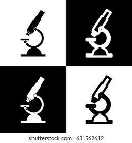 Chemistry microscope sign for laboratory. Vector. Black and white icons and line icon on chess board.