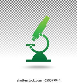 Chemistry microscope sign for laboratory. Vector. Green gradient icon with shadow at bottom on transparent and white background.