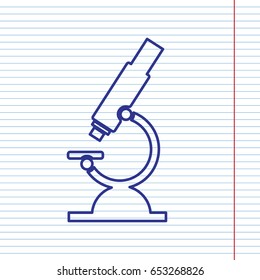 Chemistry microscope sign for laboratory. Vector. Navy line icon on notebook paper as background with red line for field.