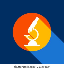 Chemistry microscope sign for laboratory. Vector. White icon on tangelo circle with infinite shadow of light at cool black background. Selective yellow and bright navy blue are produced.
