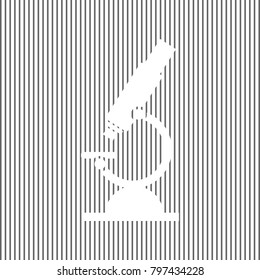 Chemistry microscope sign for laboratory. Vector. White icon on grayish striped background. Optical illusion.