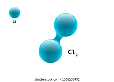 Chemistry model molecule diatomic chlorine CL2 scientific element formula. Integrated particles inorganic gas 3d molecular structure consisting. Two volume atom combination vector spheres