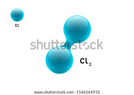 Chemistry model molecule diatomic chlorine CL2 scientific element formula. Integrated particles inorganic gas 3d molecular structure consisting. Two volume atom combination vector spheres