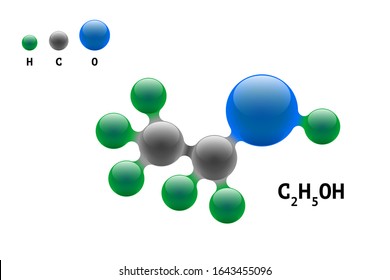 Chemistry model molecule ethanol C2H5OH scientific element formula. Integrated particles natural inorganic 3d alcohol molecular structure compound. Carbon oxygen and hydrogen atom vector eps spheres