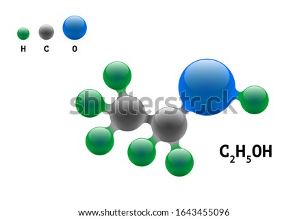 Chemistry model molecule ethanol C2H5OH scientific element formula. Integrated particles natural inorganic 3d alcohol molecular structure compound. Carbon oxygen and hydrogen atom vector eps spheres