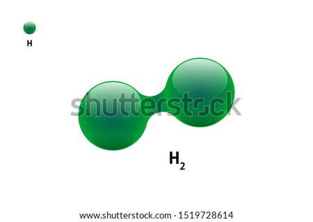 Chemistry model of molecule hydrogen H2 scientific element. Integrated particles natural inorganic 3d molecular structure compound. Two green volume atom spheres vector illustration isolated