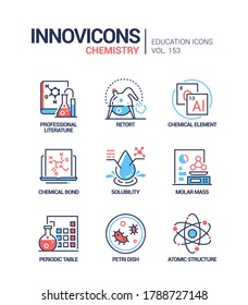 Química - conjunto de iconos de diseño de líneas modernas. La educación y la idea de la ciencia. Literatura, retorta, elemento químico y enlace, solubilidad, masa molar, tabla periódica, placa petri, imágenes de estructura atómica