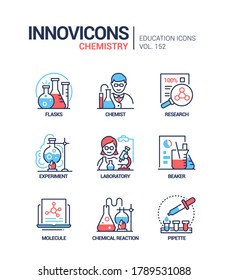 Chemistry - modern line design style icons set. Education and science idea. Flasks, chemist, research, scientific experiment, laboratory, beaker, molecule, chemical reaction, pipette images