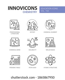 Chemistry - modern line design style icons set. Education and science idea. Literature, retort, chemical element and bond, solubility, molar mass, periodic table, petri dish, atomic structure images