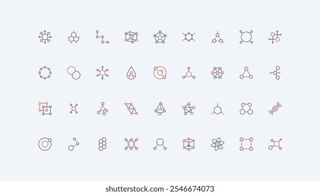 Chemie, molekulare Struktur und chemische Formel, Modell der Atom-Linie Icon-Set. Daten- und Biozelle, Partikelnetz, Elektronen- und Protonen-Dünnkontur in Schwarz und Rot, Vektorgrafik