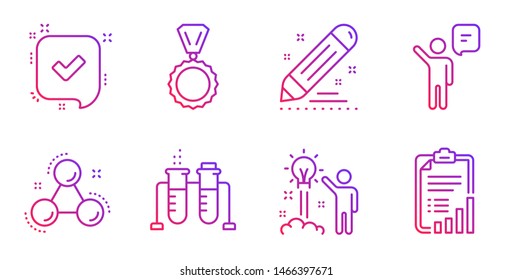 Chemistry molecule, Agent and Brand contract line icons set. Chemistry beaker, Creative idea and Medal signs. Confirmed, Checklist symbols. Laboratory atom, Business person. Education set. Vector