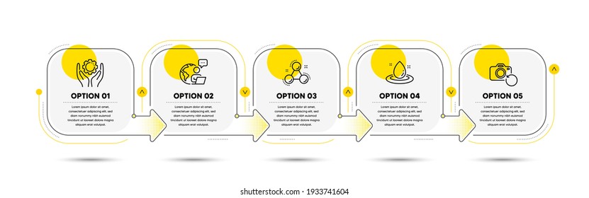 Chemistry molecule, Employee hand and Fuel energy line icons set. Timeline process flowchart. Recovery photo sign. Laboratory atom, Work gear, Petroleum. Backup data. Science set. Vector