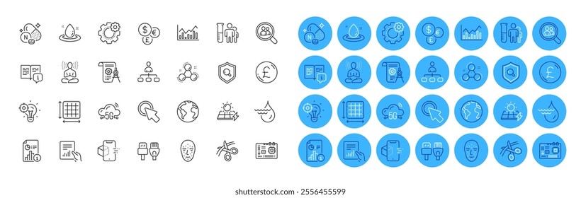 Chemistry molecule, Vitamin n and Search employees line icons pack. Computer cables, Hydroelectricity, Yoga web icon. 5g cloud, Click here, Fuel energy pictogram. Solar panels. Vector