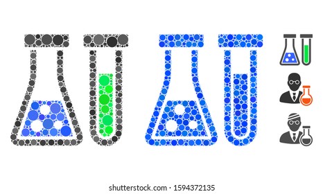 Chemistry mosaic of filled circles in variable sizes and shades, based on chemistry icon. Vector filled circles are composed into blue mosaic. Dotted chemistry icon in usual and blue versions.