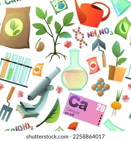 Chemistry and natural fertilizers items seamless pattern. Introduction of mineral and organic top dressing to increase yield of vegetables and fruit trees. Isolated on white background. Vector.