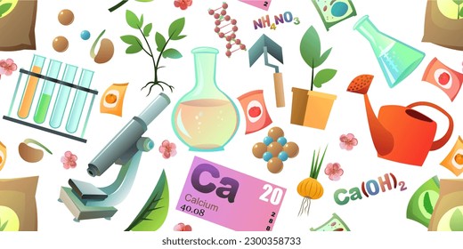 Chemistry and natural fertilizers items seamless pattern. Introduction of mineral and organic top dressing to increase yield of vegetables and fruit trees. Isolated on white background. Vector.