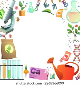 Chemistry and natural fertilizers picture frame around edge of picture. Round proportion. Mineral and organic dressing to increase vegetables and fruit trees. Isolated on white background. Vector.