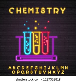 Chemistry Neon Light Glowing Vector Illustration with Alphabet Yellow Light Color Dark Background