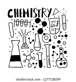 Chemistry objects in doodle style. Science research symbols isolated on white background. Vector poster sketch illustration.