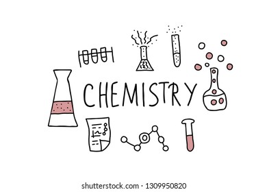 Chemistry objects in doodle style. Science research symbols isolated on white background. Vector illustration.