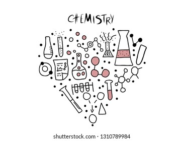 Chemistry objects in doodle style. Science research symbols isolated on white background. Vector heart composition illustration.