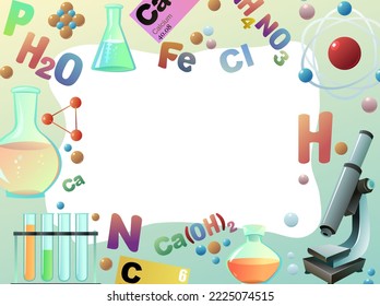 Chemistry objects with space for text. Study and production of mineral. Organic and inorganic. Parts of molecular and atomic basis. Isolated on white background. Vector