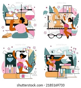Chemistry online service or platform set. Student studying chemical mechanism and characteristics. Chemical substances experiments. Online class, forum teacher chat, website. Flat vector illustration