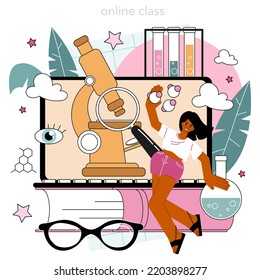 Chemistry online service or platform. Student studying chemical mechanism and characteristics. Chemical substances experiments. Online class. Flat vector illustration