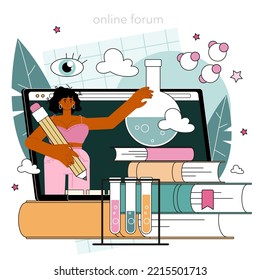 Chemistry online service or platform. Student studying chemical mechanism and characteristics. Chemical substances experiments. Online class, forum teacher chat, website. Flat vector illustration