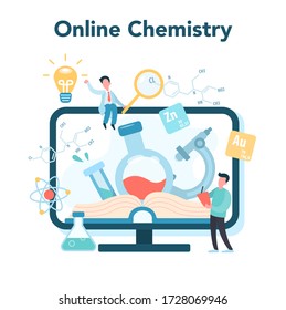 Chemistry online studying concept. Online course or webinar platform for differernt device. Scientific experiment in the laboratory with chemical equipment. Isolated vector illustration