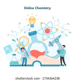 Chemistry online studying concept. Online course or webinar for learner. Scientific experiment in the laboratory with chemical equipment. Isolated vector illustration in flat style