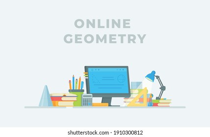 Chemistry online. Vector illustration of conducting an experiment in class. The student's workplace.