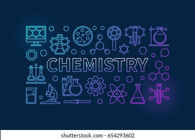 Chemistry outline background. Vector blue education and science illustration made with linear chemical icons and word CHEMISTRY on dark background