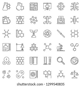 Chemistry outline concept icons set. Vector Microscope, Test Tube, flask, molecule symbols in thin line style