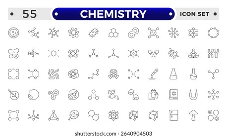 Chemistry outline icon set. Containing beaker, experiment, microscope, test tube, laboratory, molecule and more. Line vector icons collection.
