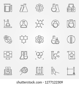 Chemistry outline icons set. Chemical engineering, flask, molecule, laboratory vector linear signs or design elements