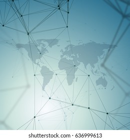 Chemistry pattern, black world map, connecting lines and dots, molecule structure on blue. Scientific medical DNA research. Medicine, science, technology concept. Geometric design abstract background.
