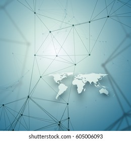 Chemistry pattern, white world map, connecting lines and dots, molecule structure on blue. Scientific medical DNA research. Medicine, science, technology concept. Geometric design abstract background.