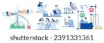 Chemistry with People Scientist Character Conducting Science Experiment in Chemical Laboratory Vector Set