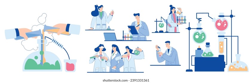 Química con personajes científicos de la población que realiza experimentos científicos en conjunto de vectores de laboratorio químico