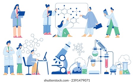 Química con personajes científicos de la población que realiza experimentos científicos en conjunto de vectores de laboratorio químico