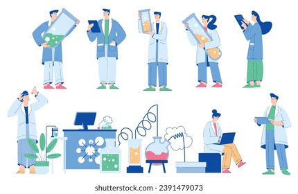 Chemistry with People Scientist Character Conducting Science Experiment in Chemical Laboratory Vector Set