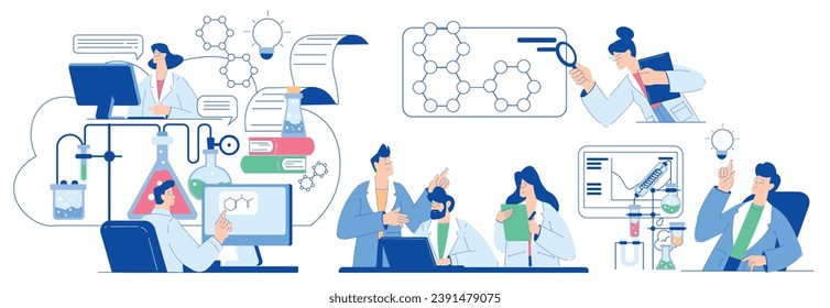 Chemistry with People Scientist Character Conducting Science Experiment in Chemical Laboratory Vector Set