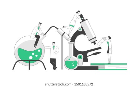 Chemistry, Pharmaceutical Concept. Miniature People Scientists in Chemical Laboratory with Huge Equipment Microscope, Books and Flasks. Science Research. Cartoon Flat Vector Illustration, Line Art