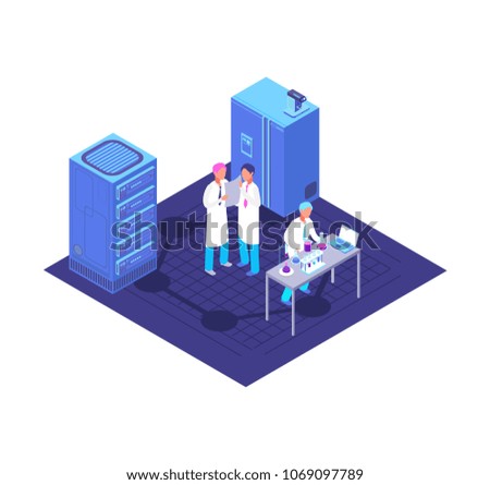 Chemistry, pharmaceutical lab isometric concept with chemical laboratory equipment and biotech vector illustration. Laboratory chemistry 3d isometry with scientist medical