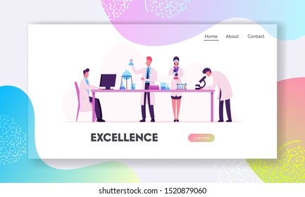 Chemistry, Pharmaceutical Science Website Landing Page. Scientists in Chemical Laboratory with Equipment as Computer, Microscope and Flasks Research Web Page Banner. Cartoon Flat Vector Illustration