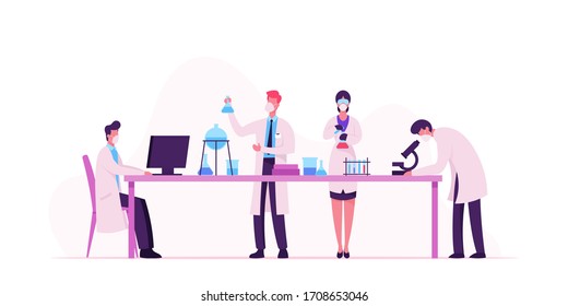 Chemistry, Pharmaceutical Scientists Characters in Chemical Laboratory Search Covid19 Vaccine with Computer, Microscope and Flasks. Science Research Process in Lab. Cartoon People Vector Illustration