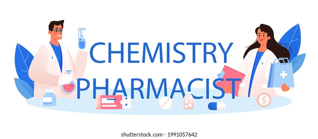 Chemistry pharmacist typographic header. Drugstore worker preparing and selling drugs in bottle and box for disease treatment. Healthcare and medical treatment concept. Isolated vector illustration