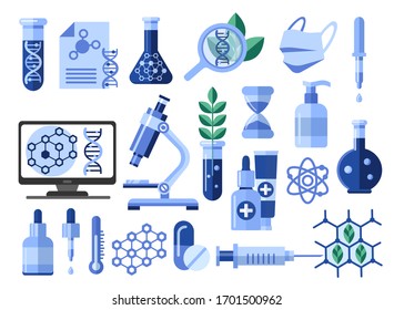Chemistry, pharmacy and biology equipment for education and science.
Research laboratory with set of chemical and medical flasks, tubes for experiment. BiotecVector illustration isolated on white 
