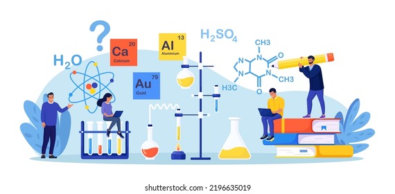 Chemistry pharmacy lab, science equipment. People learning chemical formula, elements. Scientific experiment in laboratory with reagents, test glass flask, chemical substances. Education, innovation